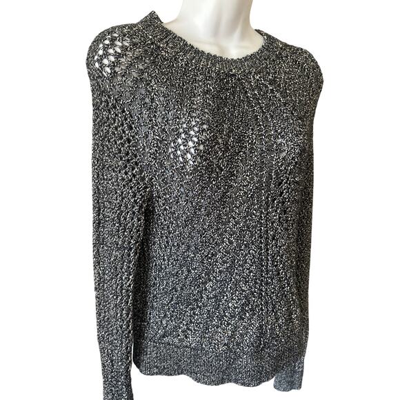 Lucky Brand Sweater Women XS New w/Tag Blk Wht Silver Knit Pullover - Picture 2 of 4